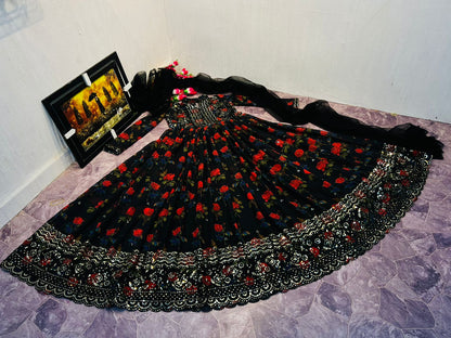 Black Color Stitched Georgette Embroidered Gown