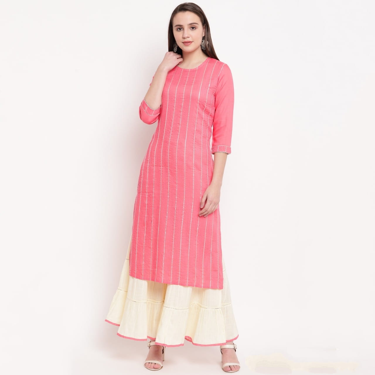Light Pink Off White Rayon Striped Readymade Sharara Fancy Kurti For Women VAIKUNTH121A