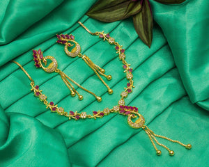 Pink Color Diamond Artificial Golden Necklace Set For Women