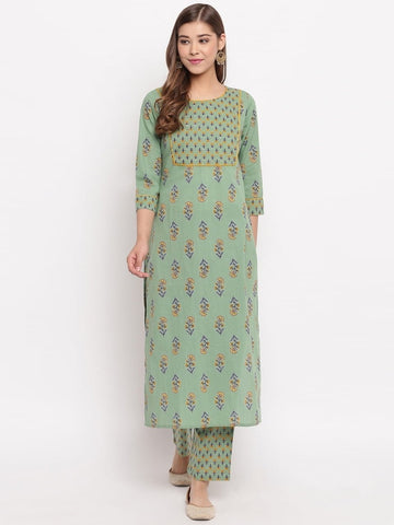 Hypnotic Light Green Color Full Stitched Cotton Printed Kurti Plazo For Festive Wear