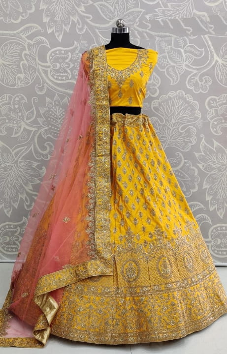 Yellow Color Designer Satin Silk Diamond Touch Up Thread Zari Work Wedding Wear Lehenga Choli