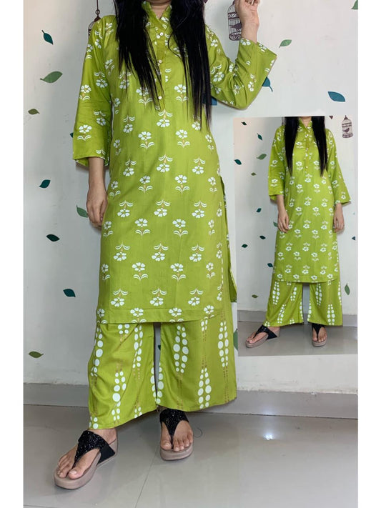 Kelly Color Designer Rayon Hand Printed Full Stitched Plazo Kurti For Party Wear