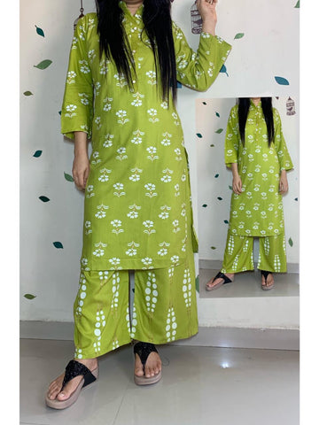 Kelly Color Designer Rayon Hand Printed Full Stitched Plazo Kurti For Party Wear