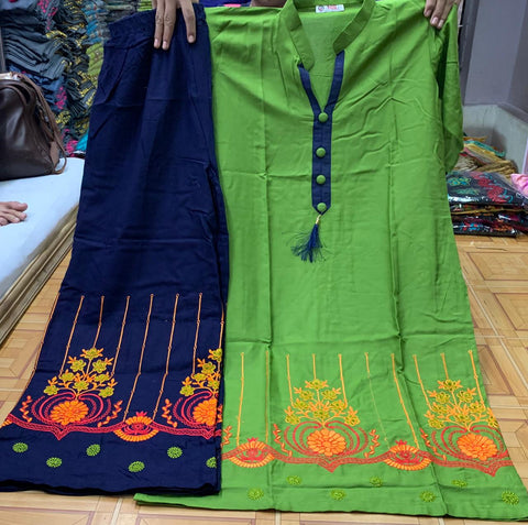 Kelly Color Embroidered Ton To Ton Thread Work Cotton Rayon Fancy Ready Made Plazo Kurti