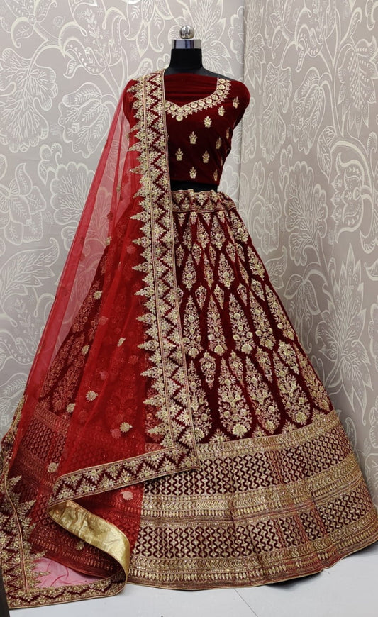 Maroon Color Pure Velvet Zari Thread Diamond Embroidered Work Lehenga Choli