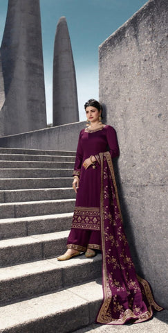 Wine Color Designer Satin Georgette Heavy Embroidered Work Salwar Suit For Wedding Wear