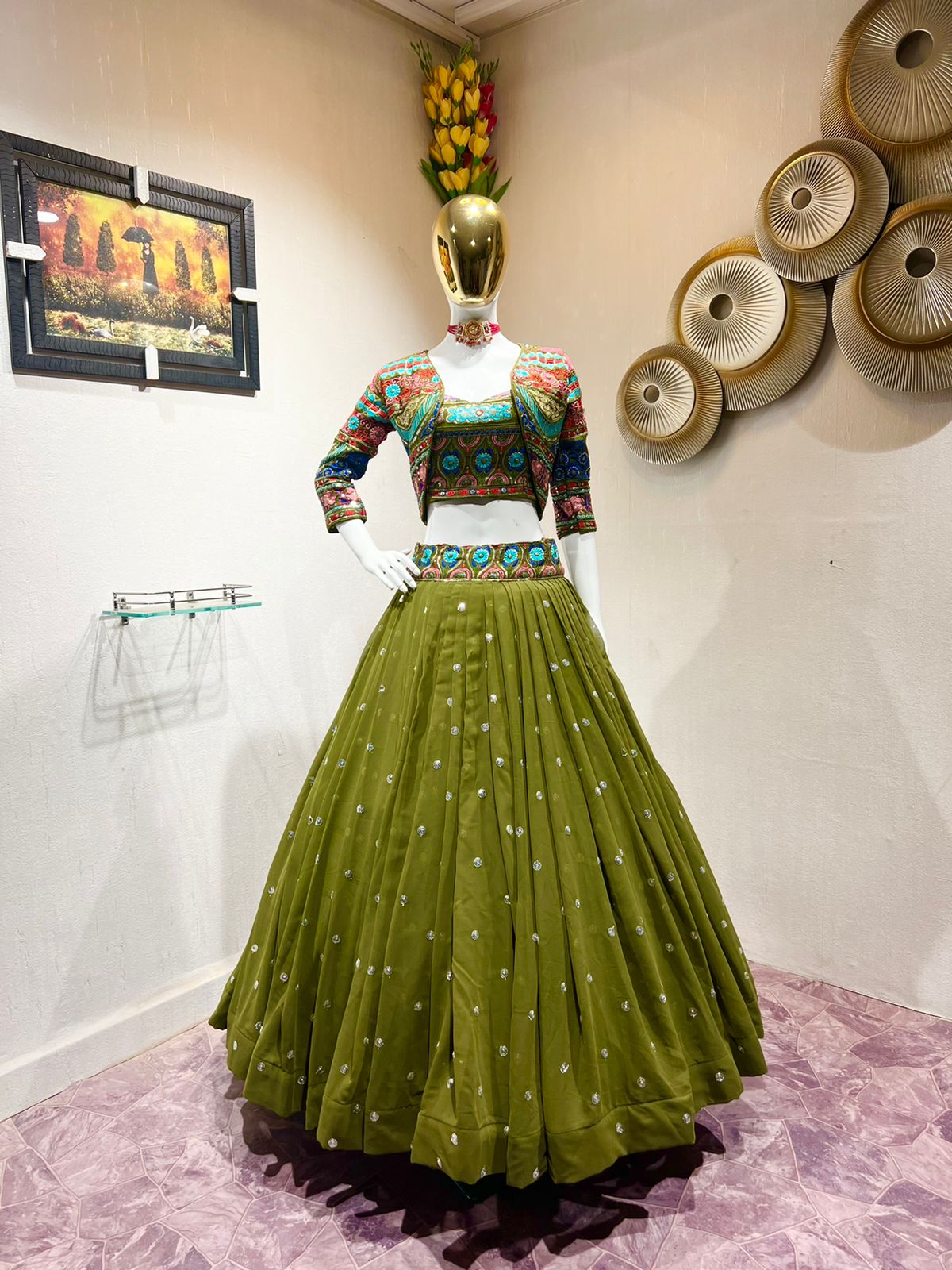 Party Wear Green Color Stitched Embroidered Lehenga With Koti