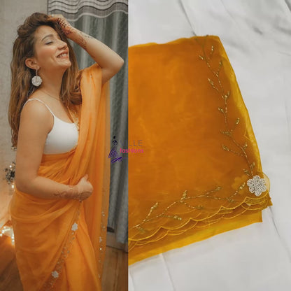 Kesariya Gold Yellow Color Hand Work Embroidered Soft Organza Saree For Women