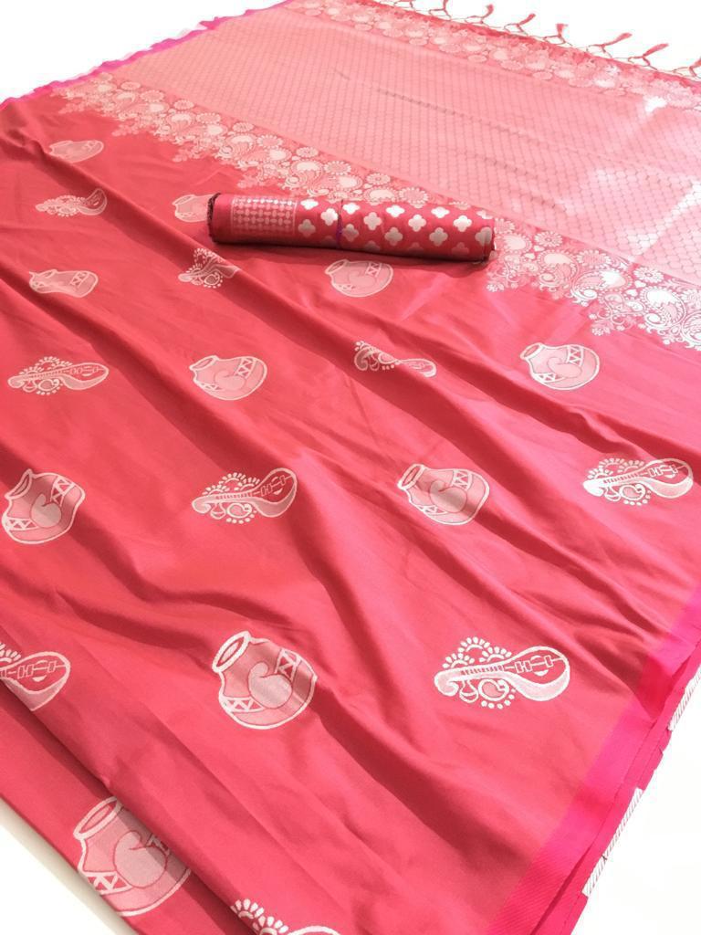 Smart Cerise Color Designer Lichi Silk Zari Weaving Work Saree Blouse For Wedding Wear