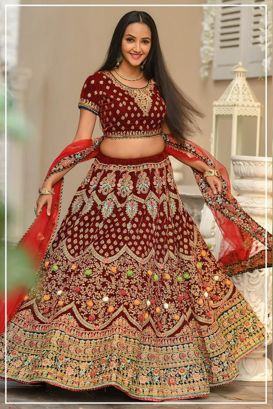 Opulent Barn Red Color Multi Color Thread Embroidered Stone Work Lehenga Choli Wedding Wear