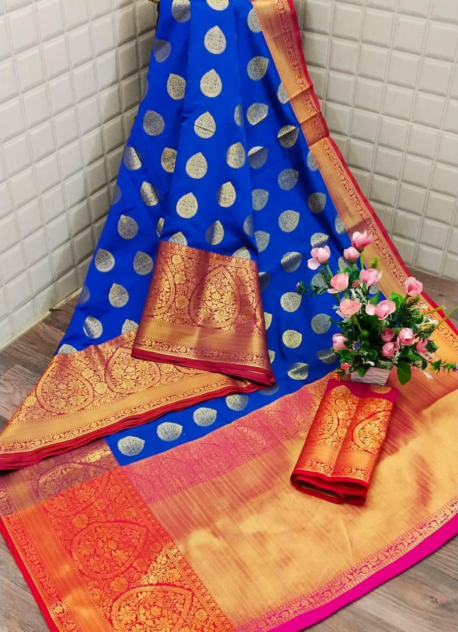 Royal Blue Color Banarasi Silk All Over Zari Butta Pallu Saree Blouse For Function Wear