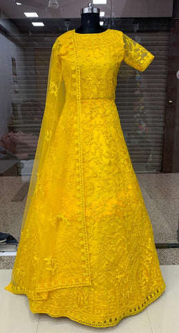 Yellow Color Designer Net Embroidered Thread Stone Pasting Work Gown For Wedding Wear