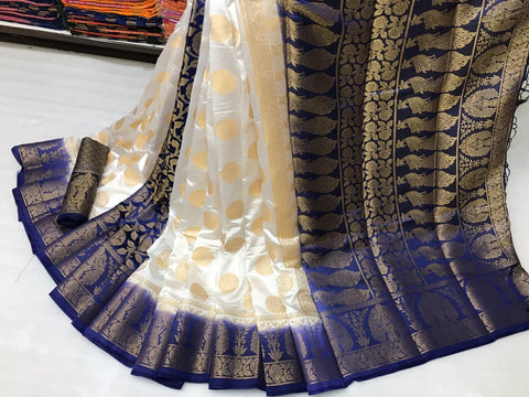 Cream Color Nylon Silk Designer Rich Pallu Wedding Wear Saree Blouse