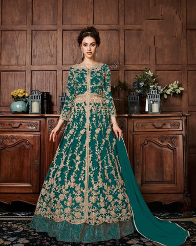 Pine Color Butterfly Net Patti Dori Embroidered Codding Stone Work Salwar Suit