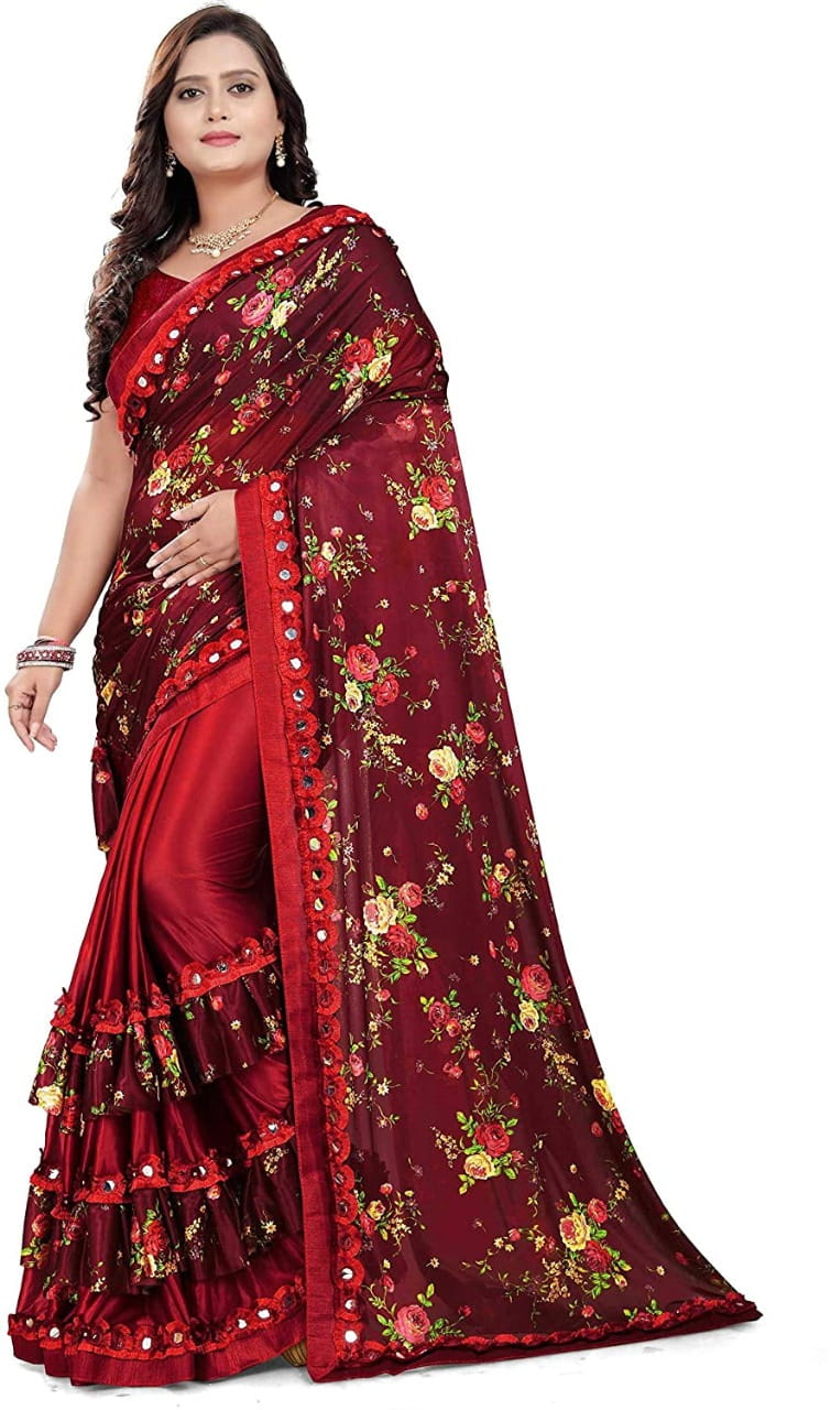 Trendy Red Color Festive Wear Lycra Silk Blend Digital Printed Saree Blouse