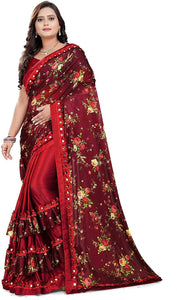 Trendy Red Color Festive Wear Lycra Silk Blend Digital Printed Saree Blouse