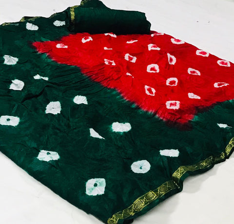 Dark Green Color Designer Silk Bandhani Wearing Border Saree Blouse