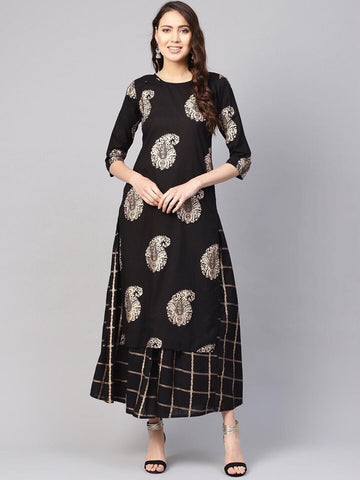 Black Golden Printed Ready Made Kurta Skirt For Women AVADH1060104D