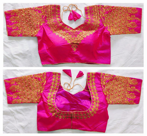 Fuchsia Color Fancy Malbari Silk Embroidered Moti Pearl Work Ready Made Blouse For Function Wear