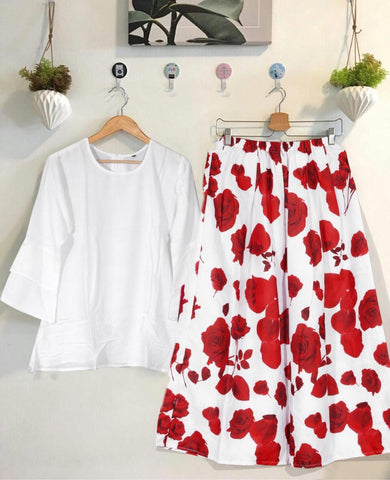 Dazzling White Color Festive Wear Ready Made Rayon Digital Printed Skirt Top For Women