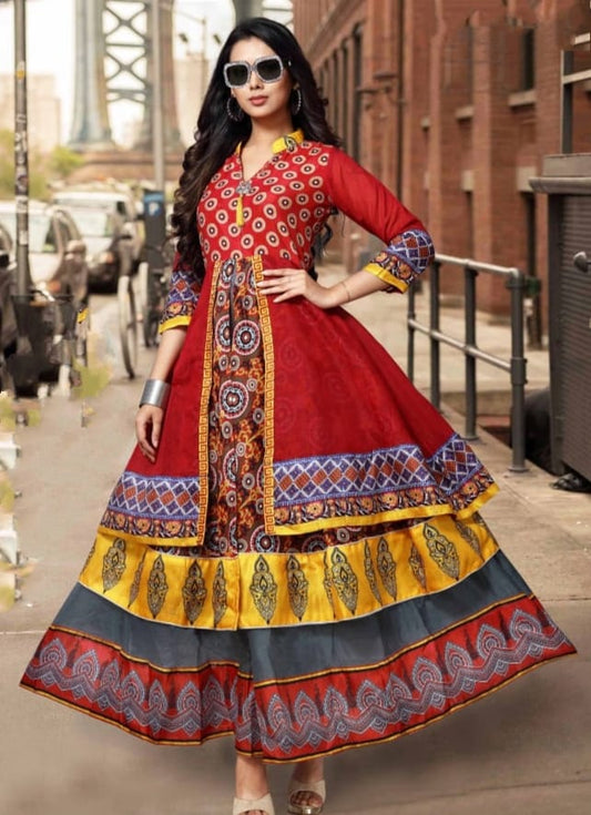 Red Color Designer Full Stitched Poli Rayon Digital Printed Kurti For Function Wear
