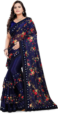 Gorgeous Royal Blue Color Designer Digital Printed Blend Silk Lycra Saree Blouse For Function Wear