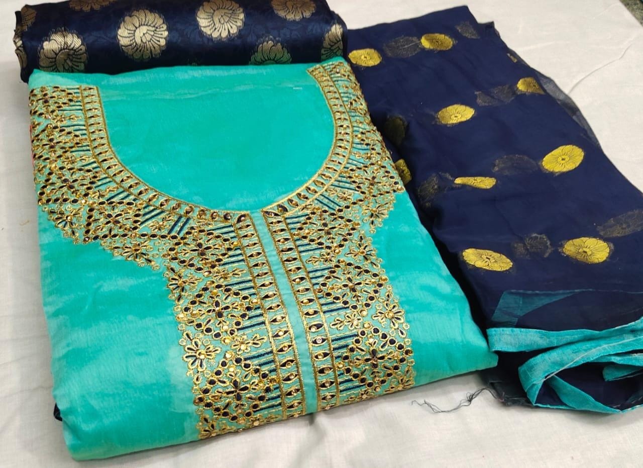Firozi Color Fancy Work Designer Silk Function Wear Salwar Suit