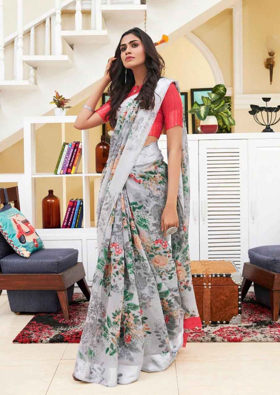 Gray & Red Colored Designer Flower Digital Print Linen Saree