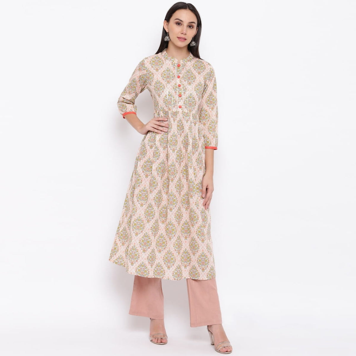 Knockout Beige Color Full Stitched Cotton Designer Printed Kurti For Festive Wear