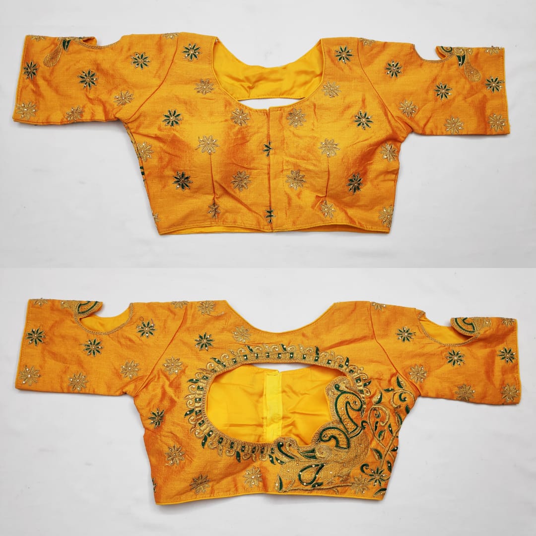 Mesmerising Mustard Color Party Wear Fantom Silk Embroidered Thread Zari Stone Work Full Stitched Blouse