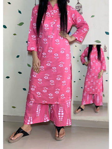 Pink Color Festive Wear Rayon Hand Printed Full Stitched Kurti Plazo