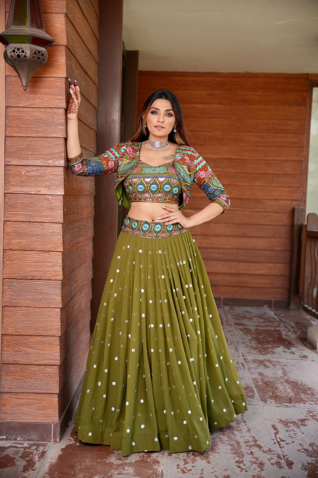 Party Wear Green Color Stitched Embroidered Lehenga With Koti