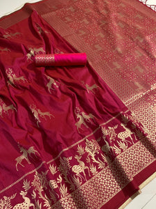 Ruby Color Soft Silk With Grand Pallu Festive Wear Saree Blouse