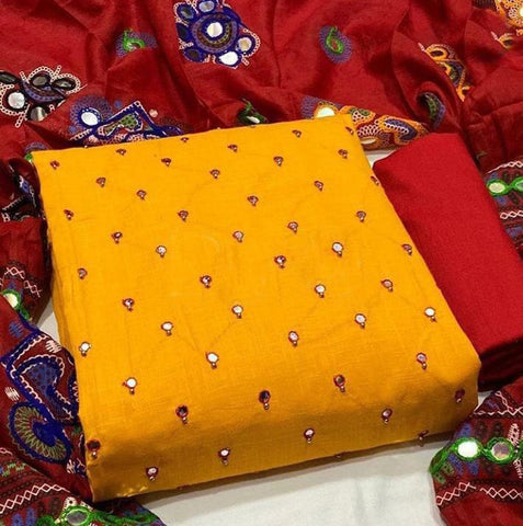Beautiful Mustard Color Festive Wear Mirror Work Designer Cotton Salwar Suit For Women