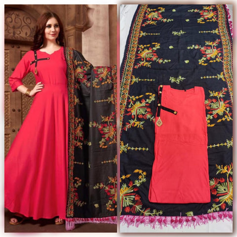 Intricate Pink Color Wedding Wear Full Stitched Rayon Kurti With All Over Embroidered Work Dupatta