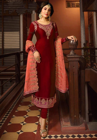 Barn Red Color Embroidered Work Fancy Satin Georgette Salwar Suit For Wedding Wear