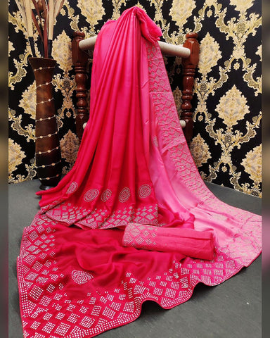 Classy Pink Color Party Wear HB Diamond Stone Machine Work Satin Silk Saree Blouse