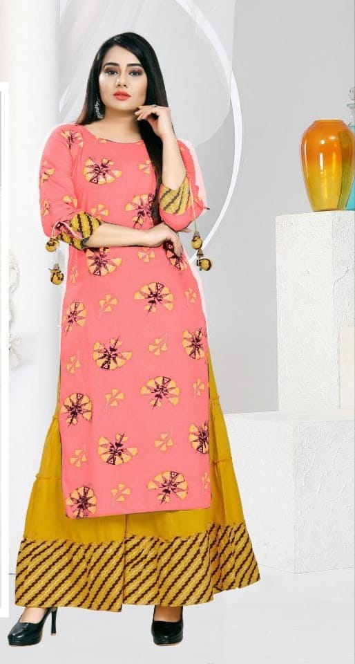 Frenchrose Color Designer Rayon Stone Work Printed Full Stitched Plazo Kurti For Function Wear