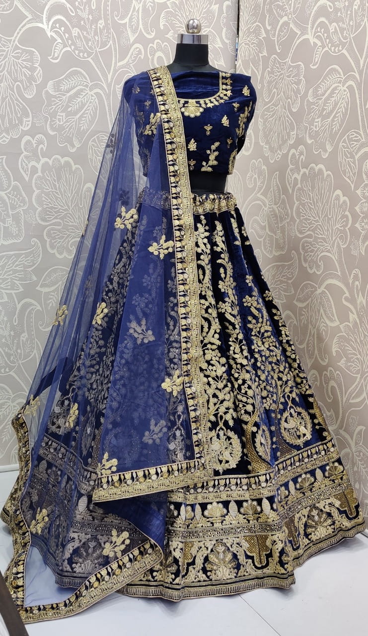 Navy Blue Color Designer Pure Velvet Thread Zari Diamond Work Lehenge Choli