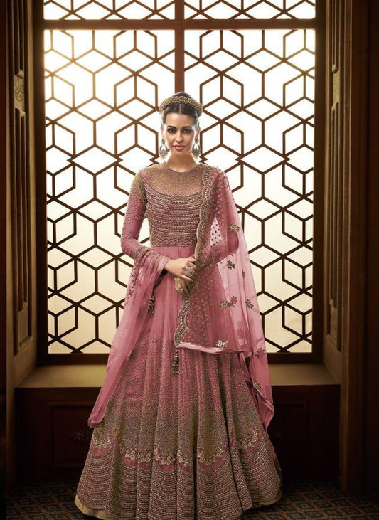 Cerise Color Designer Stone Embroidered Multi Zari Work Soft Net Salwar Suit For Women