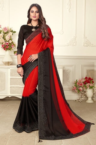Red Color HB Machine Diamond Stone Work Satin Silk Saree Blouse For Party Wear