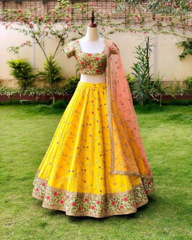 Yellow Color Designer Wedding Wear Silk Embroidered Work Lehenga Choli
