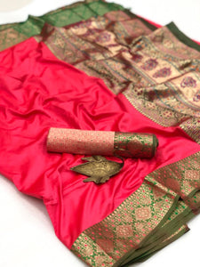 Flattering Pink Color Designer Two Tone Weaving Rich Pallu Soft Silk Saree Blouse For Wedding Wear