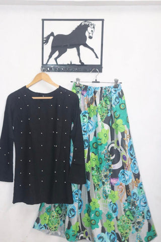 Glourious Black Color Rayon Moti Work Ready Made Skirt Top For Party Wear