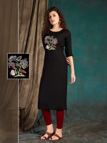 Capricious Black Color Party Wear Embroidered Work Fancy Slub Rayon Ready Made Kurti For Women
