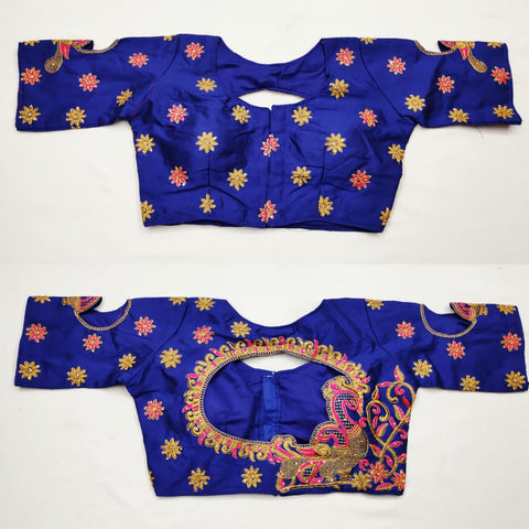 Classy Royal Blue Color Embroidered Zari Thread Stone Work Fantam Silk Full Stitched Blouse For Wedding Wear