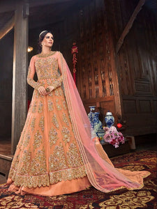 Salmon Color Heavy Butterfly Net Multi Zari Sequence Codding Embroidered Stone Mirror Work Salwar Suit For Function Wear