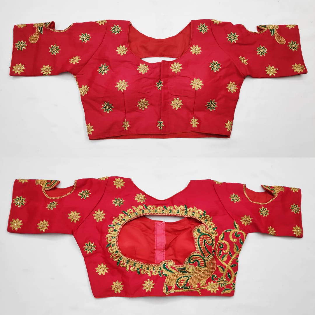 Tremendously Red Color Full Stitched Stone Embroidered Thread Zari Work Fantam Silk Blouse For Festive Wear
