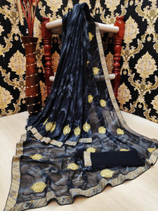 Navy Blue Color Georgette Machine Diamond Embroidered Butti Work All Over Lace Border Saree Blouse For Function Wear