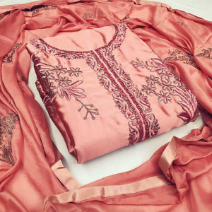 Coral Color Designer Diamond Embroidered Work Satin Festive Wear Salwar Suit